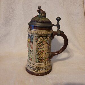 VTG 1980s Gerz German Beer Stein Ceramic Pewter Lid W/ Rabbit 9”